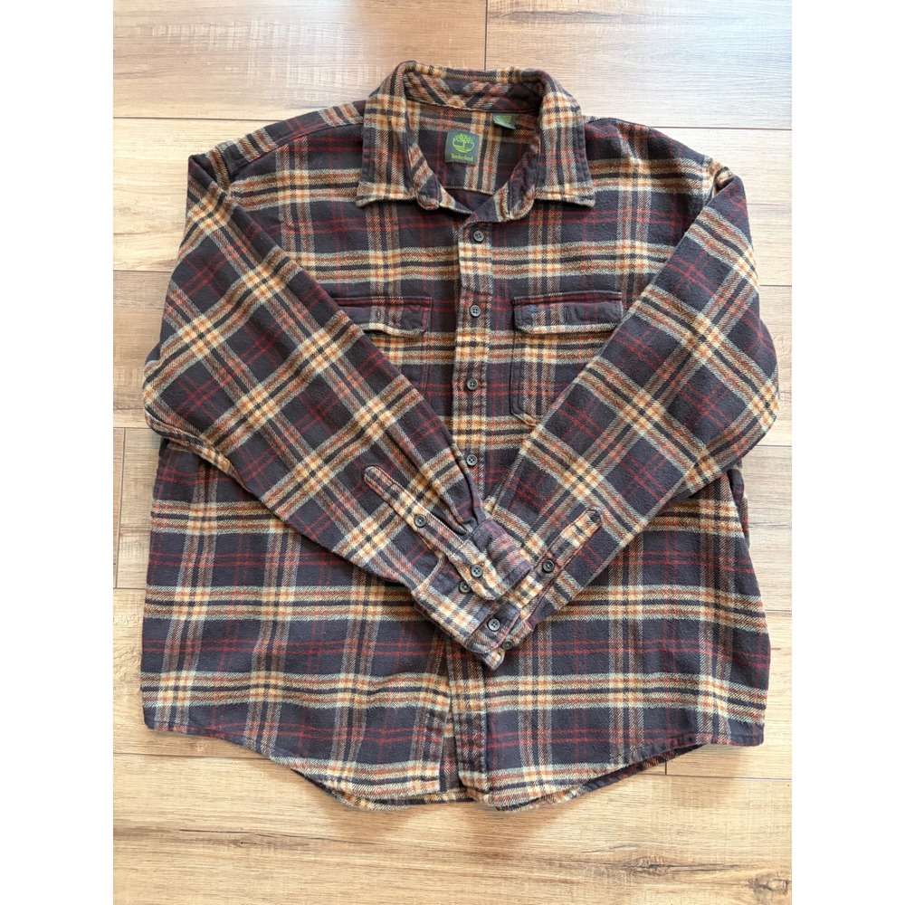 Timberland Mens XXL Heavyweight Flannel Shirt Shacket Brown Plaid Cotton Pockets